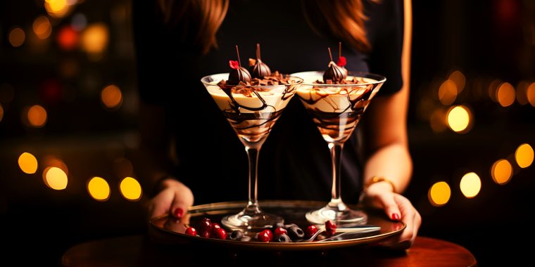 A woman holding a tray of two after dinner chocolate martini drinks