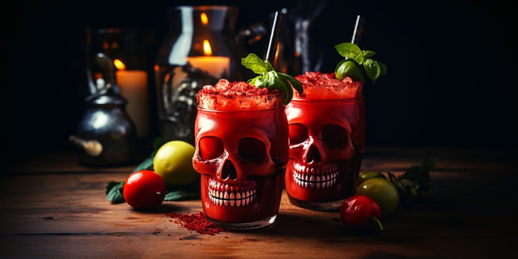 Two clear skull mugs filled with Bloody Mary cocktails