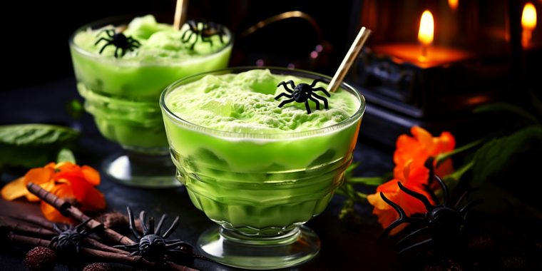 Two bright green Witches Brew cocktails with fake spider garnish