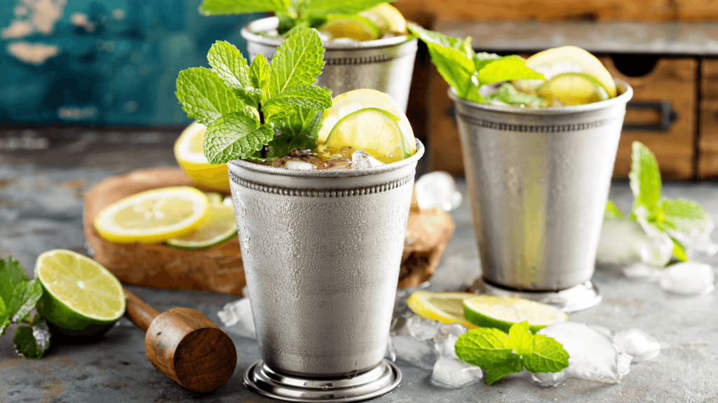 A trio of Mint Julep cocktails served in pewter Julep cups, garnished with fresh lime and sprigs of ming, set on a grey surface with a wooden muddler, and assorted garnishes visible