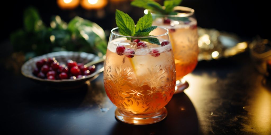 Editorial image of two Christmas Kentucky Buck cocktails on a table in a home lounge at Christmastime with festive decor