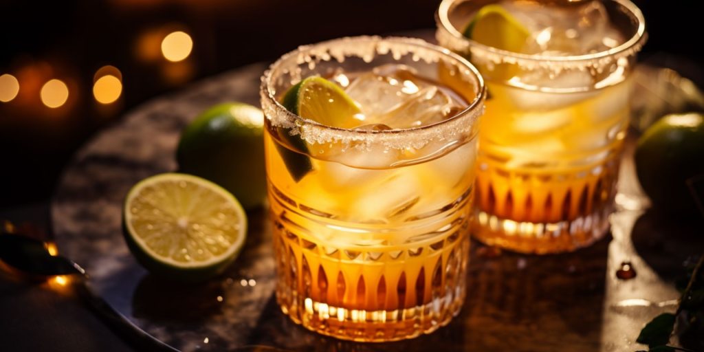 Editorial image of two Fireball Margarita cocktails on a table in a home lounge at Christmastime with festive decor