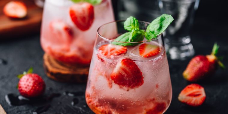 Front view of Strawberry Gin Cocktail garnished with fresh strawberry