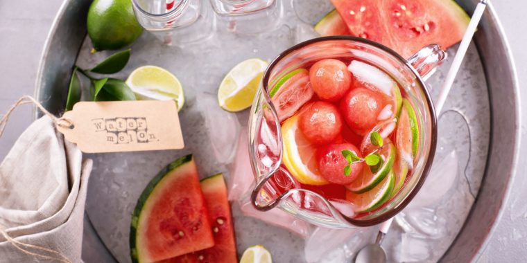 Overhead of a pitcher of watermelon punch