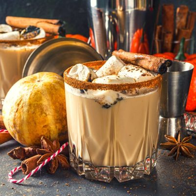 Hot Pumpkin Pie cocktails with marshmallow garnish