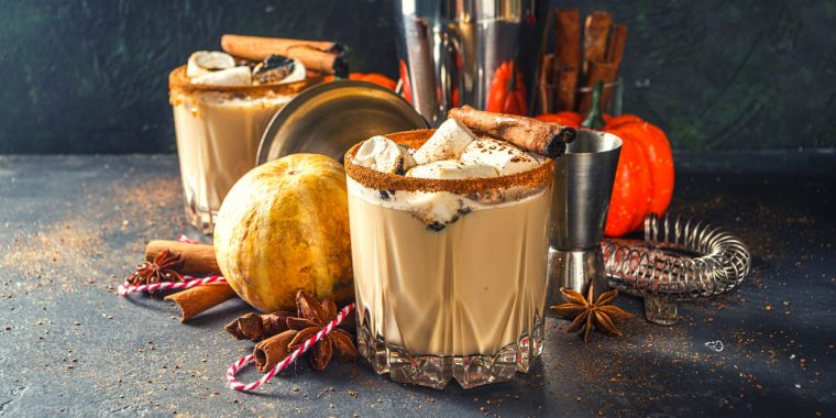 Hot Pumpkin Pie cocktails with marshmallow garnish