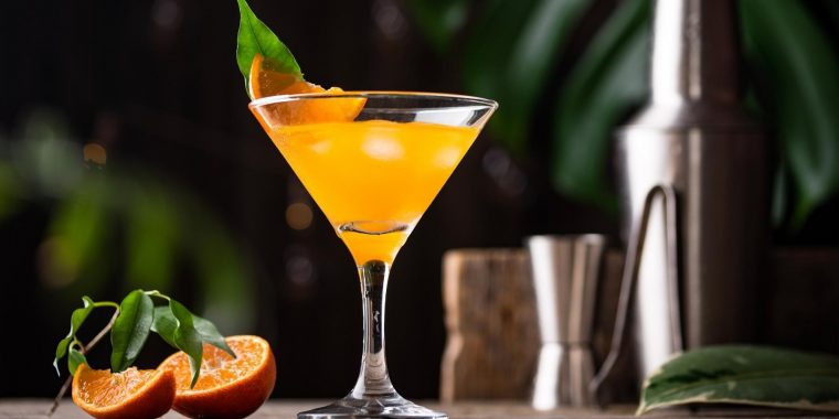 Orange-colored Bronx cocktail served in a martini glass with a wedge of fresh orange