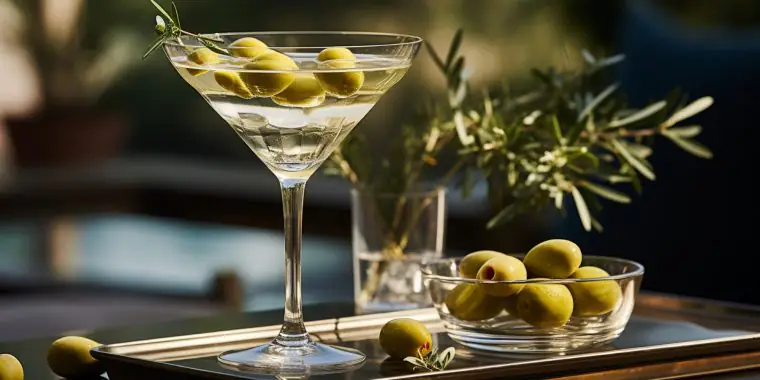 Virgin Martini with olive and rosemary garnish