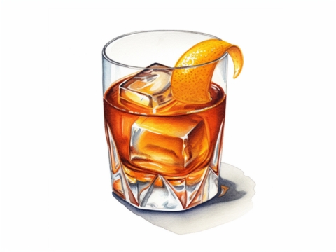 Classic color pencil illustration of an Old Fashioned cocktail