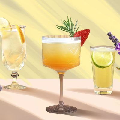 Artistic image of three sustainable cocktails in photorealistic format on a flat backdrop