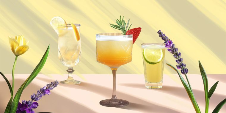 Artistic image of three sustainable cocktails in photorealistic format on a flat backdrop