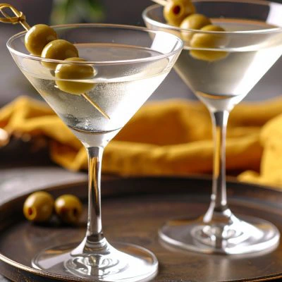 Close-up of two Virgin Martinis with green olive garnish