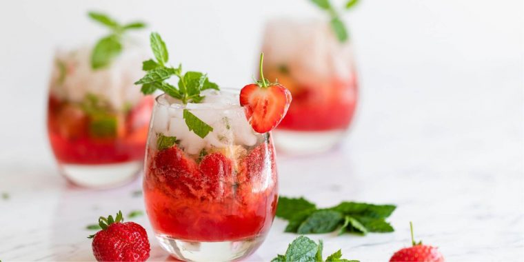 Virgin Strawberry Mojitos garnished with mint
