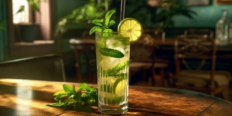 Mojito cocktail with mint and lime garnish