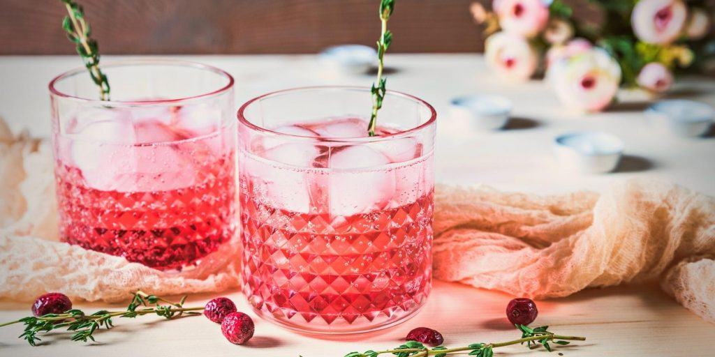 Pink gin and tonic botanical cocktails with rosemary garnish