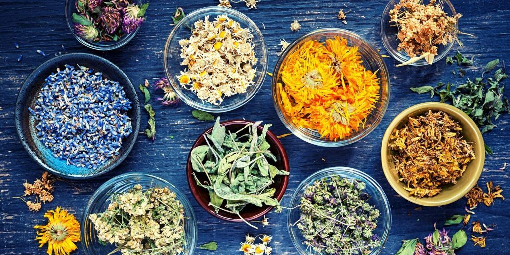 Top view of dried herbs and flowers