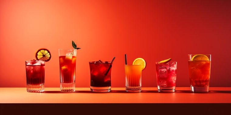 Lineup of different bright red Campari cocktails