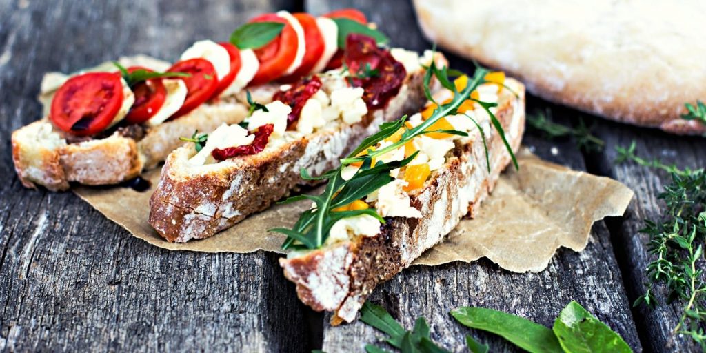 Variety of colourful bruschetta canapés