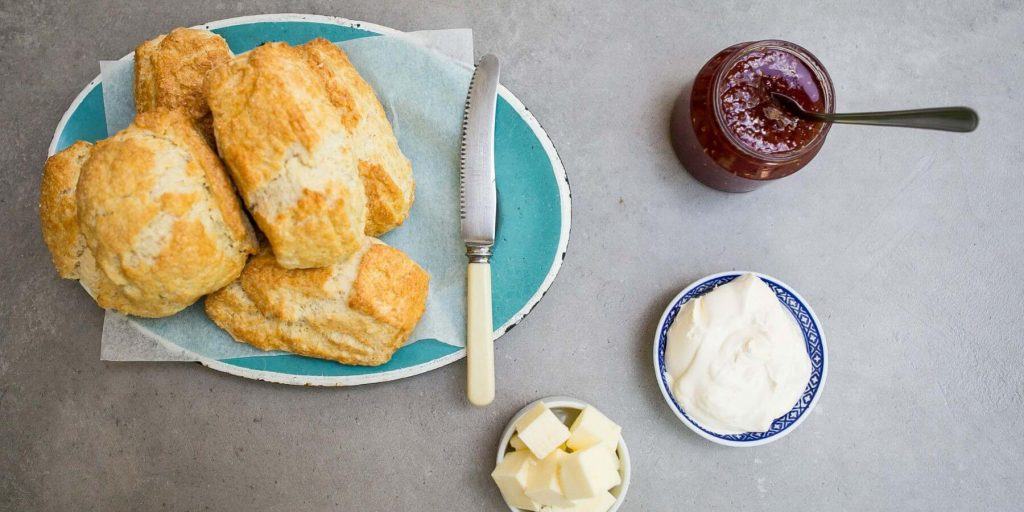 Homemade scones with jam and cream