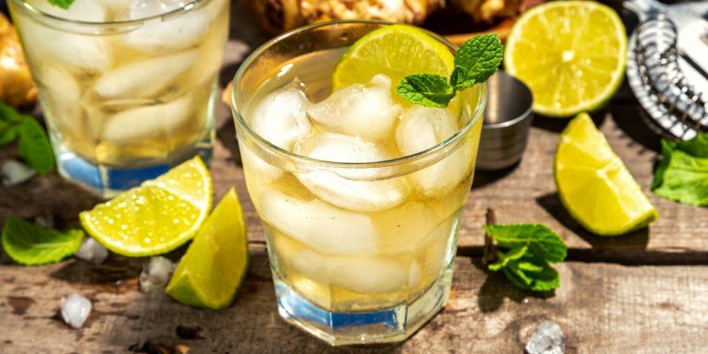 Minted Mule cocktails in served in ice-filled glasses with lime