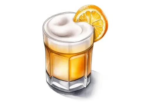 Classic color pencil illustration of a Whiskey Sour cocktail