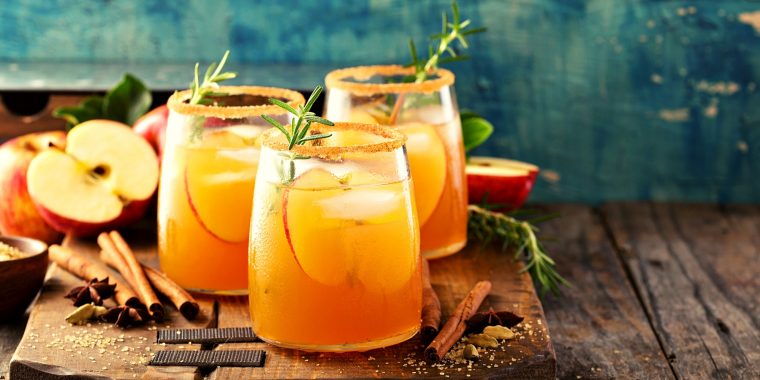 Refreshing apple juice cocktails with rosemary, cinnamon and sliced apple garnish