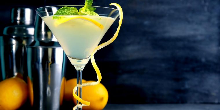 Matador Cocktail in a martini glass with lemon peel garnish