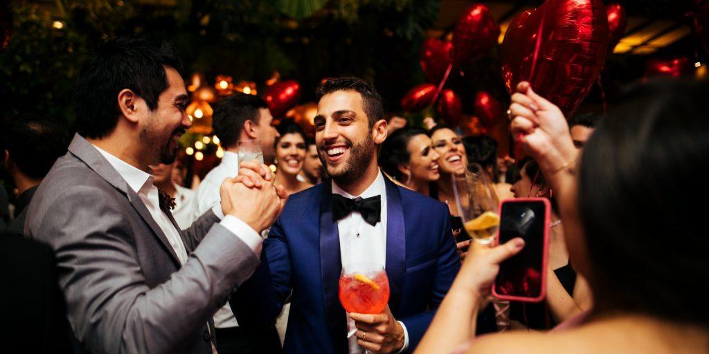 Groom and best man at wedding reception