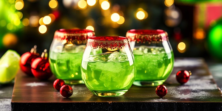 Three bright green Grinch cocktails