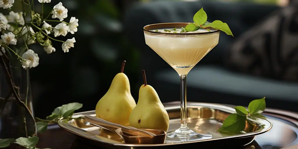 Close up image of a Pear Martini in an outdoor setting with two fresh pears next to it on a silver platter
