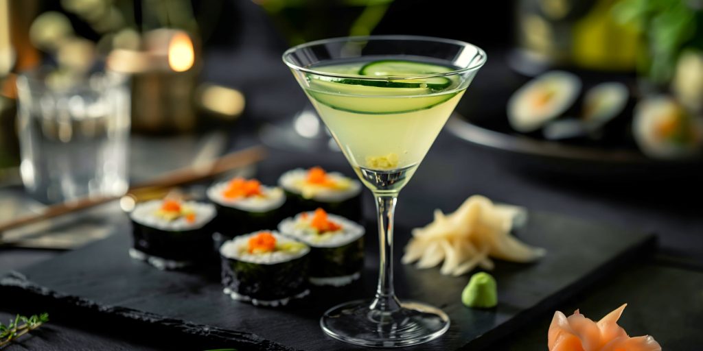 A Cucumber Wasabi Martini served with a plate of sushi