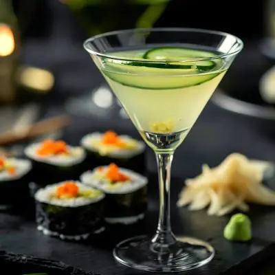 A Cucumber Wasabi Martini served with a plate of sushi
