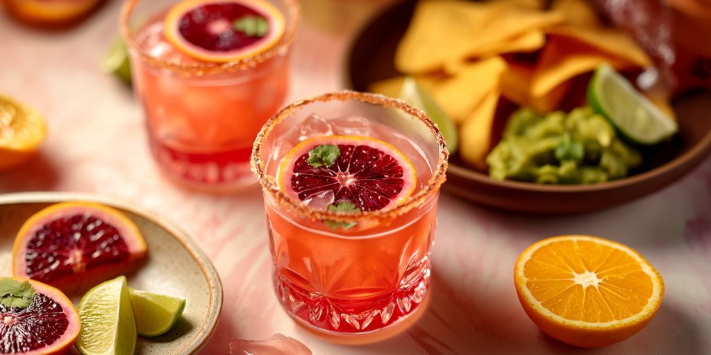 Two Spicy Habanero Blood Orange Margarita cocktails served with a plate of nachos and guacamole 