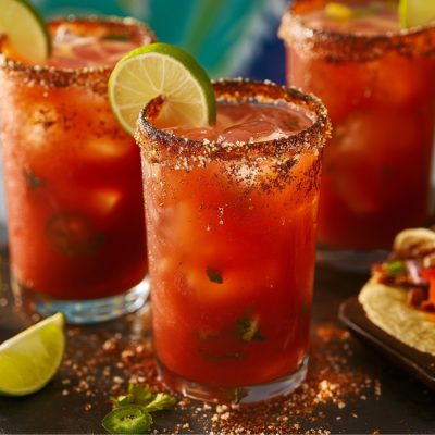 Three spicy Michelada cocktails served with pulled pork tacos