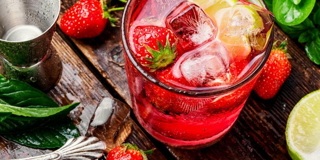 Top shot of a strawberry bourbon iced tea