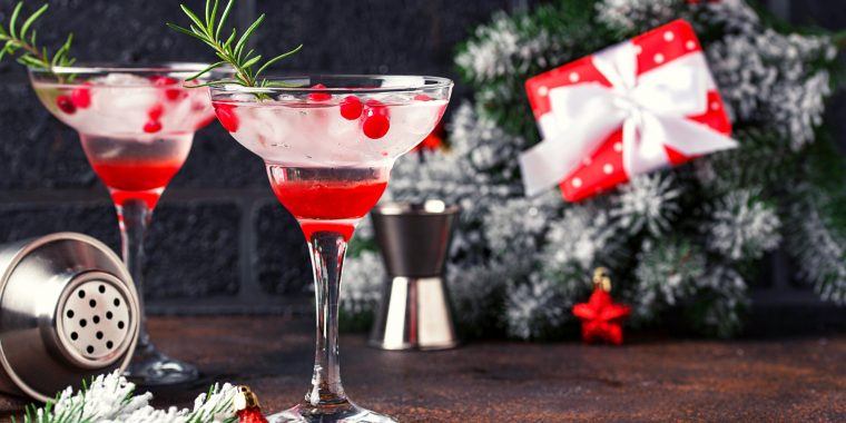 Mistletoe Martinis in front of a Christmas tree