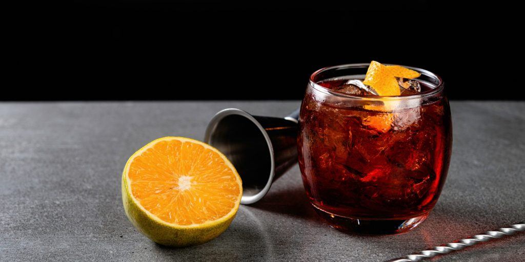 Averna Negroni garnished with orange