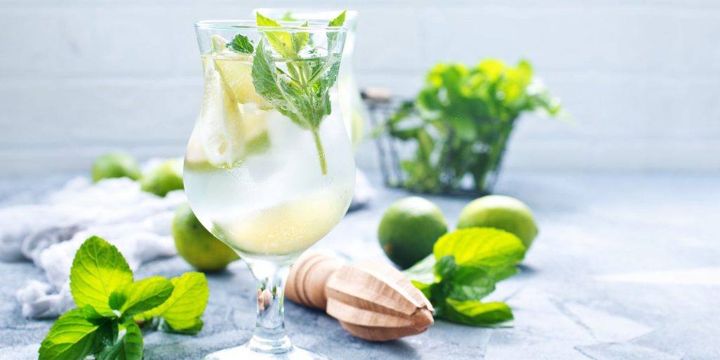 A tall and refreshing Sake Mojito cocktail garnished with mint