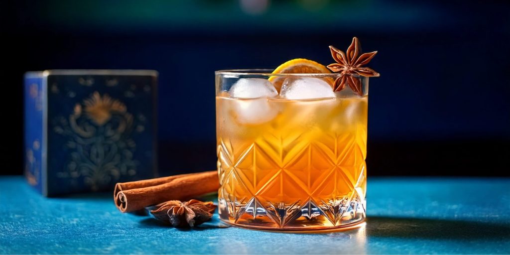 A Chai Old Fashioned cocktail in a faceted glass filled with ice, garnished with star anise and a dehydrated orange slice, surrounded by cinnamon sticks and spices on a vibrant blue surface.