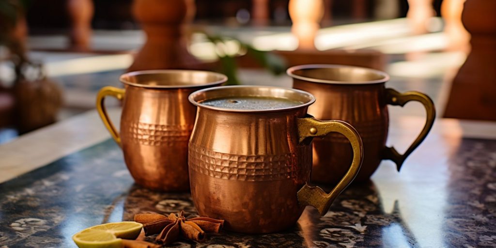 Three mugs of Indian Hot Buttered Rum on a table in a classic Indian courtyard