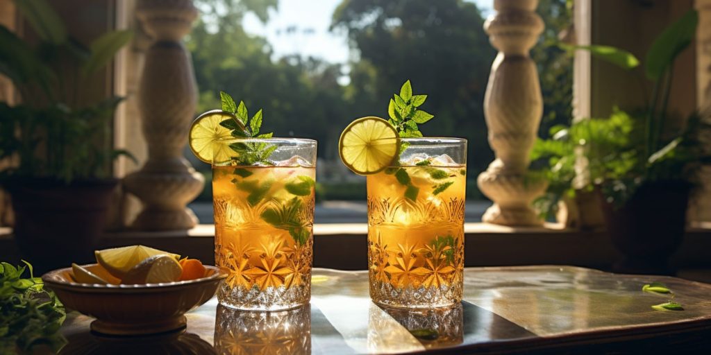 Two Indian Jaljeera Mojito cocktails on a table in a sunny courtyard