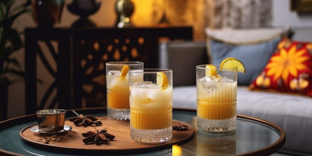 Three Indian Winter cocktails on a table in a modern Indian home lounge