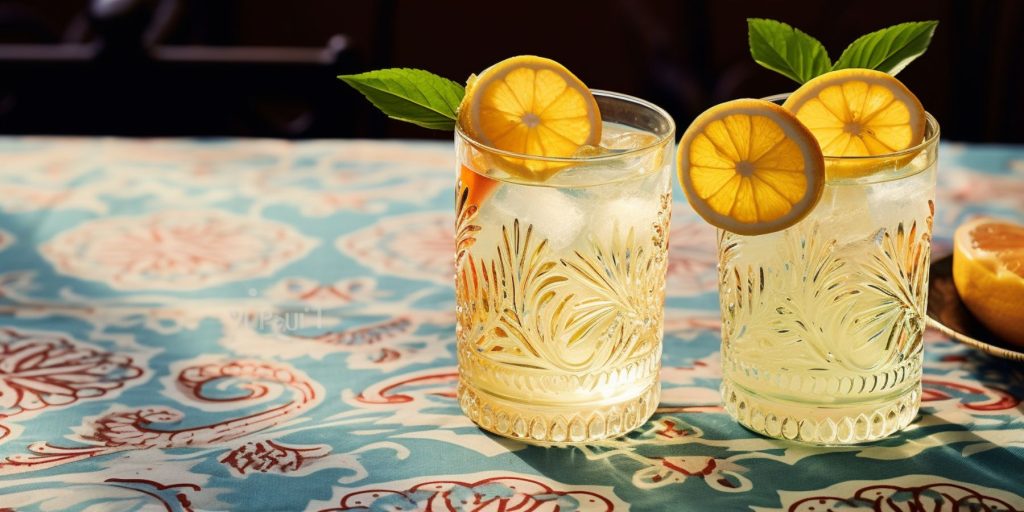 Two Jaljeera Gin And Tonic on a pretty patterened tablecloth in a modern Indian home kitchen