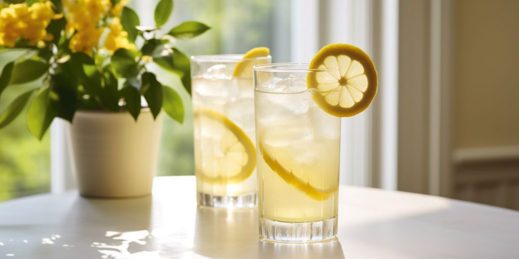 Two glasses of Limoncello Gin Collins on a table in a minimalist white kitchen