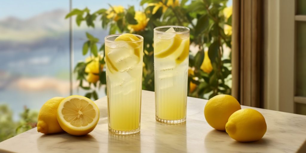Two Limoncello Highball cocktails on a window sill in a country kitchen overlooking a lemon orchard on a sunny day