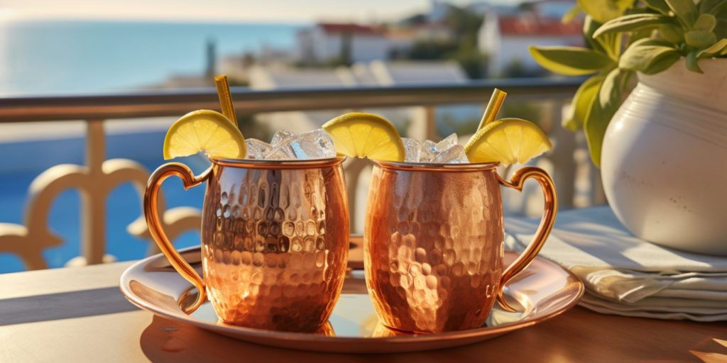 Two Limoncello Moscow Mules on a window sill of a oceanside house overlooking the sea on a sunny day