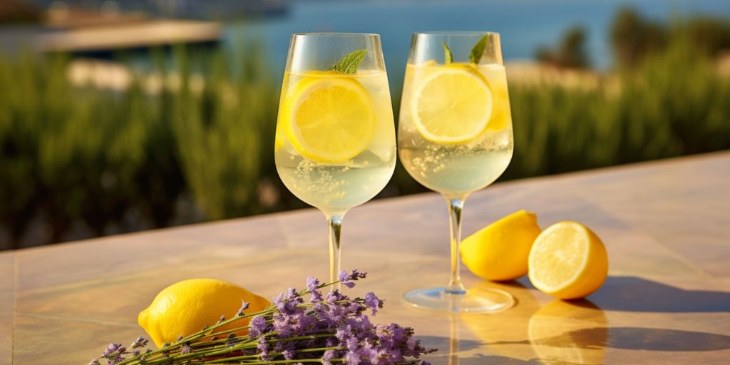 Close shot of two Limoncello Spritz cocktails on a table outside overlooking lavender fields and the ocean beyond