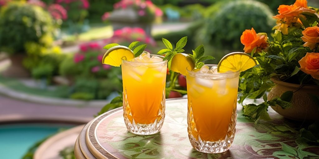 Two Mango Mojito cocktails on a table outside in a colorful Indian garden