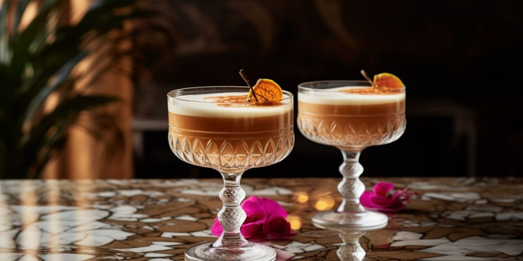 Two Masala Chai Sour cocktails on a table in a modern Indian restaurant environment