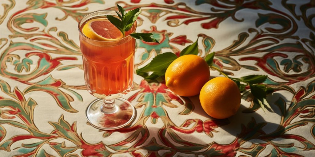 A Masala Red Snapper cocktail on a pretty Indian print tablecloth in a light bright home kitchen environment